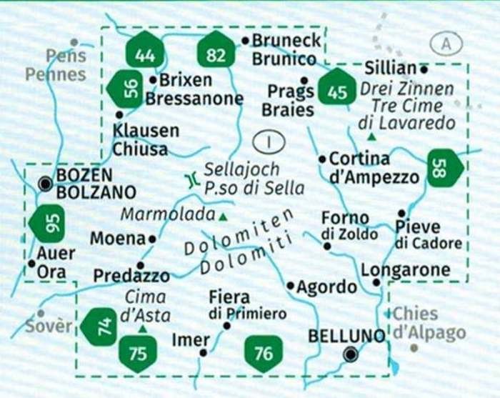 Dolomity. Zestaw czterech map turystycznych 672 wydawnictwa Kompass. Zestaw - zasięg