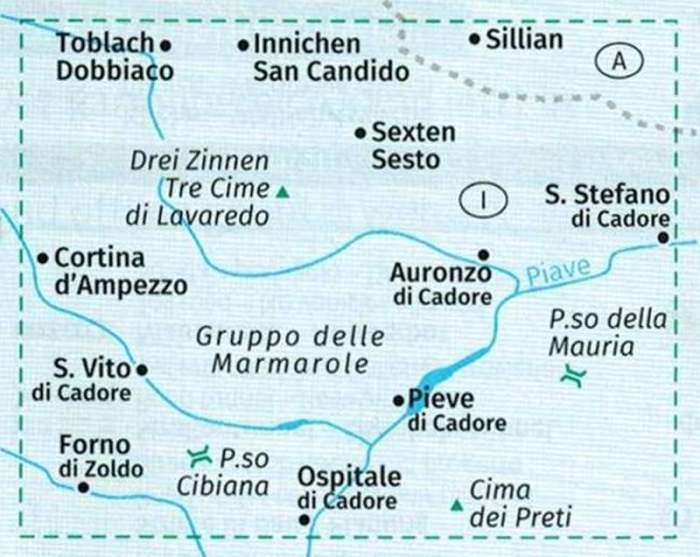 Dolomity. Zestaw czterech map turystycznych 672 wydawnictwa Kompass. Mapa 3 - zasięg