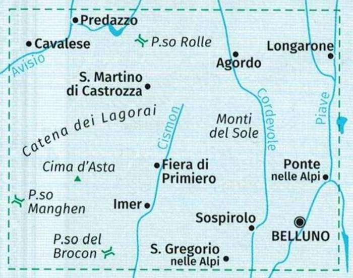 Dolomity. Zestaw czterech map turystycznych 672 wydawnictwa Kompass. Mapa 4 - zasięg