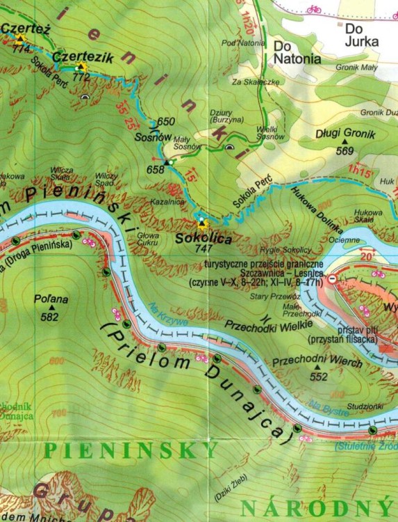 Szczawnica, Krościenko nad Dunajcem, Spływ Dunajcem. Plan miasta / mapa turystyczna wydawnictwa Cartomedia. Mapa Przełomu Dunajca - fragment