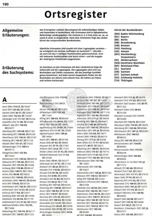 Niemcy 1:250 000. Atlas samochodowy wydawnictwa ADAC. Indeks miejscowości