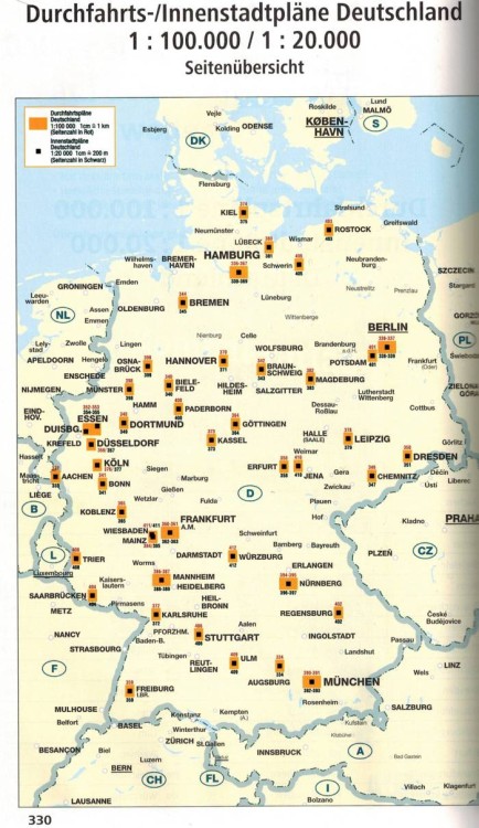 Niemcy, Europa. Atlas samochodowy Grosse wydawnictwa ADAC. Plany miast - skorowidz arkuszy