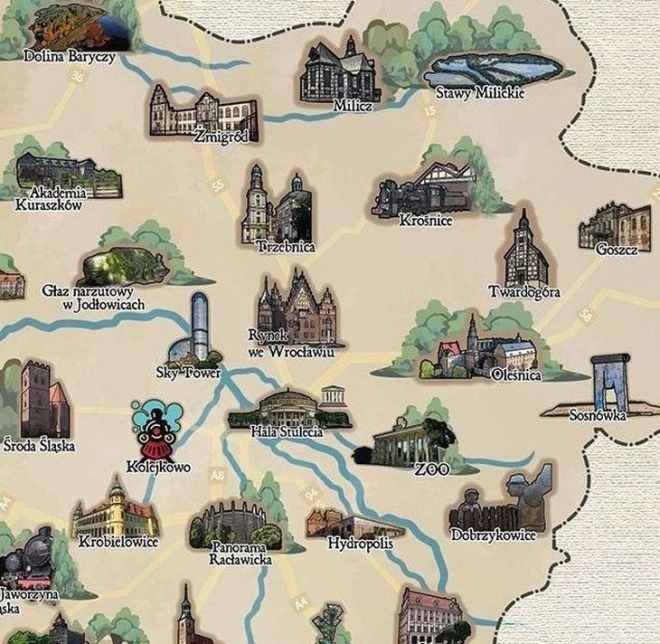 Odkrywaj Dolny Śląsk. Mapa zdrapka. Po zdrapaniu - fragment 2