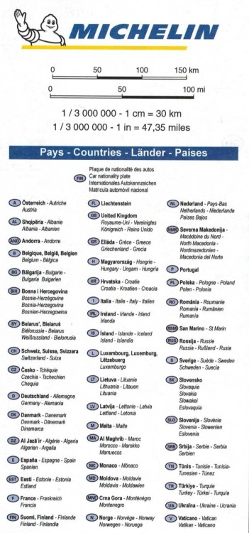 Europa. Mapa samochodowa 705 wydawnictwa Michelin. Spis państw