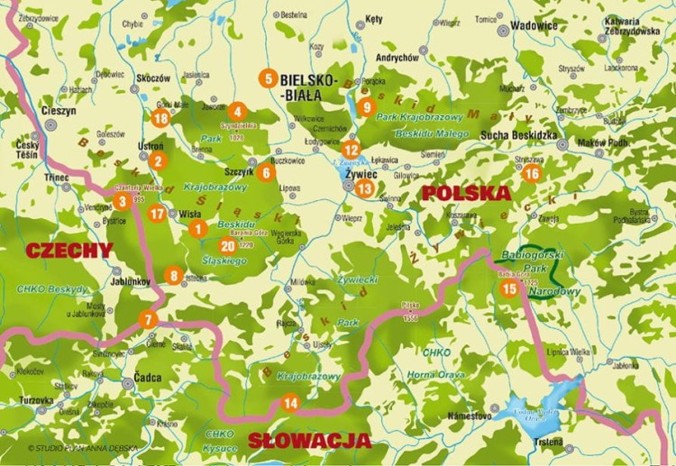 Beskid Śląski, Żywiecki i Mały. Kolorowanka i ciekawostki o regionie. Mapa