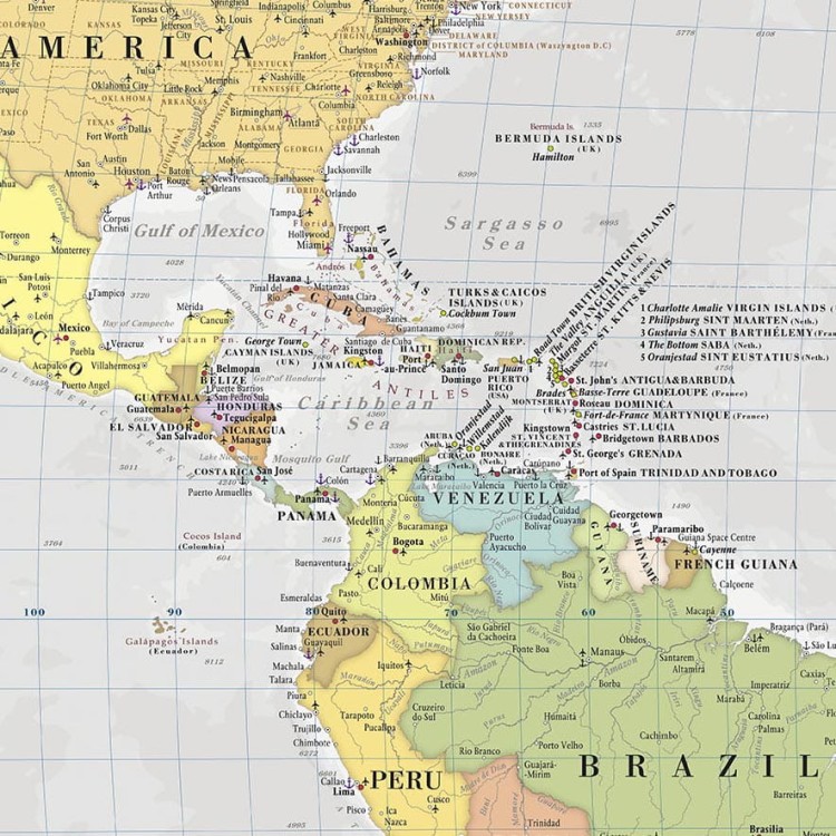 Świat 1:28 000 000. Mapa ścienna polityczna w języku angielskim. Fragment