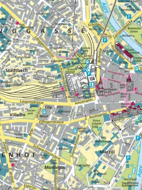 Szwajcaria 1:275 000. Mapa samochodowo-turystyczna wydawnictwa Kümmerly + Frey. Plan miasta - Berno - fragment