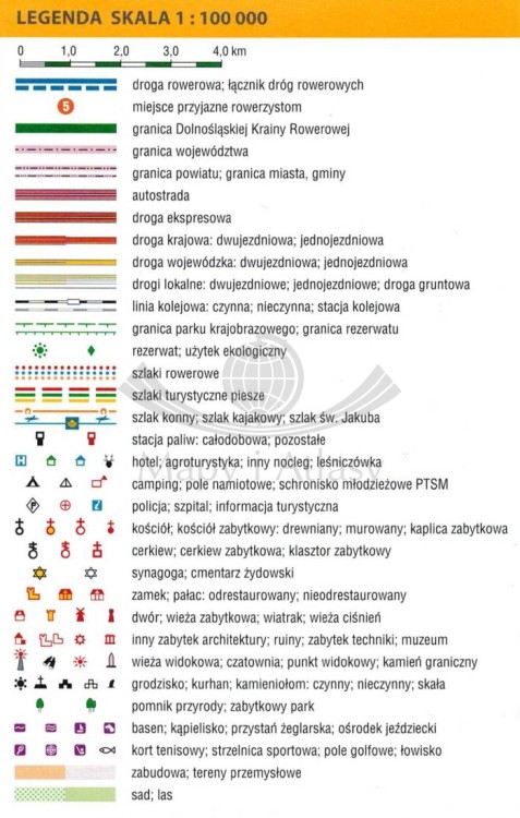 Wzgórza Trzebnickie, Dolina Baryczy, Środkowa Odra. Mapa turystyczna dla rowerzystów wydawnictwa Galileos. Legenda
