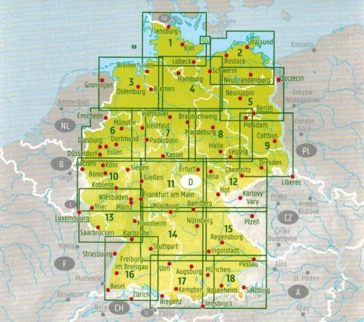 Niemcy 1:200 000. Zestaw map samochodowo-turystycznych w etui wydawnictwa Freytag Berndt. Skorowidz zasięgu map