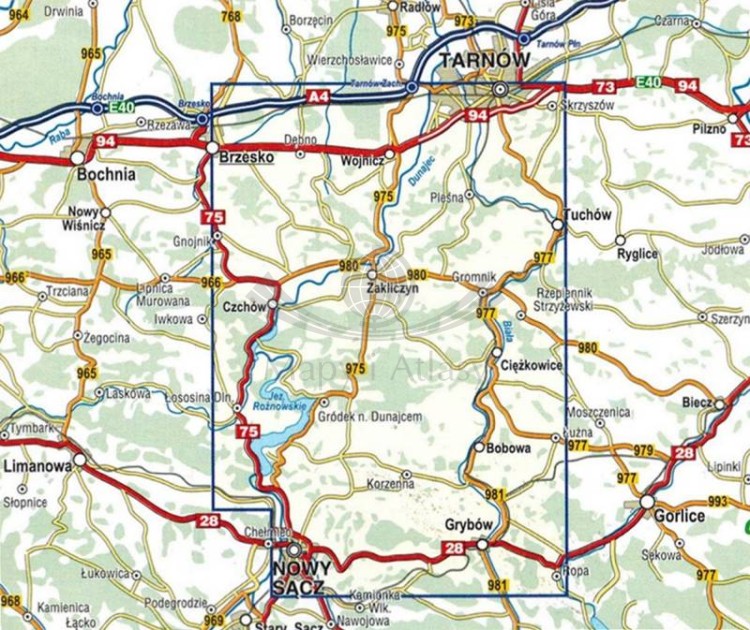 Pogórze Rożnowskie 1:50 000. Laminowana mapa turystyczna wydawnictwa Compass. Zasięg