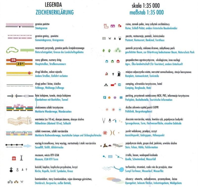 Skalne Miasta. Teplicke i Adrszpackie Skały. Mapa turystyczna wydawnictwa Galileos. Legenda