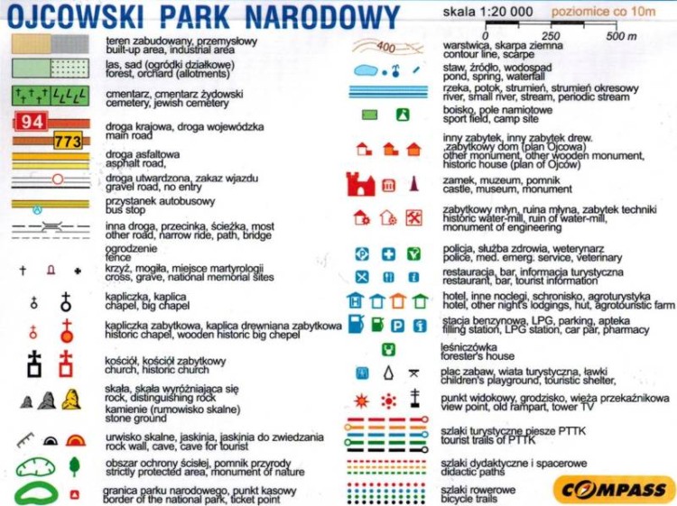 Ojcowski Park Narodowy 1:20 000. Laminowana mapa kieszonkowa wydawnictwa Compass. Legenda