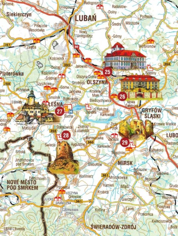 Zamki i pałace Dolnego Śląska. Mapa samochodowo-turystyczna wydawnictwa Galileos. Fragment 1