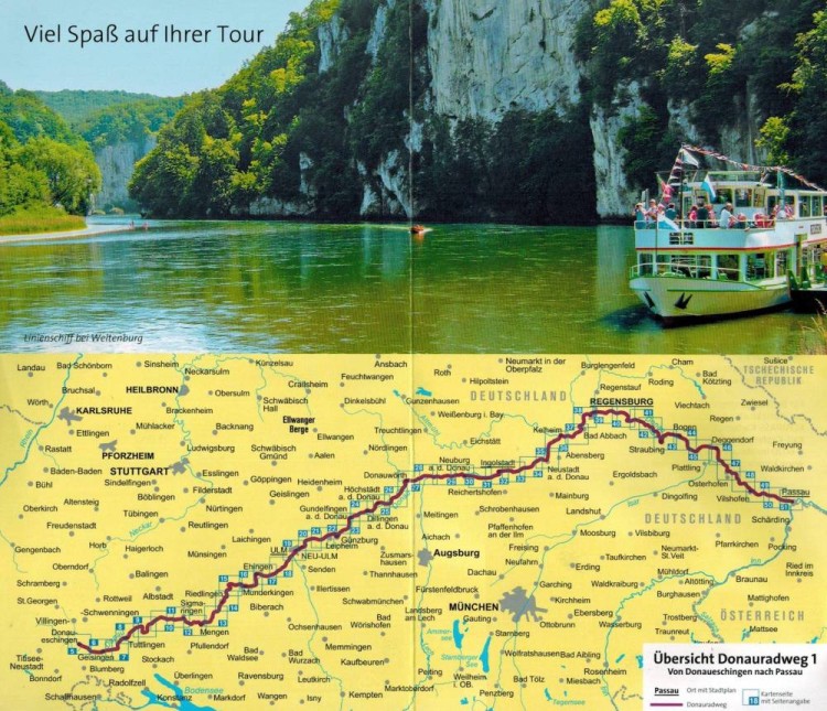 Naddunajska Trasa Rowerowa (Donauradweg 1). Laminowana mapa turystyczna, rowerowa 7009 wydawnictwa Kompass. Mapa poglądowa szlaku