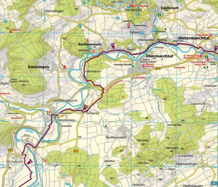 Naddunajska Trasa Rowerowa (Donauradweg 1). Laminowana mapa turystyczna, rowerowa 7009 wydawnictwa Kompass. Przykładowe strony 1