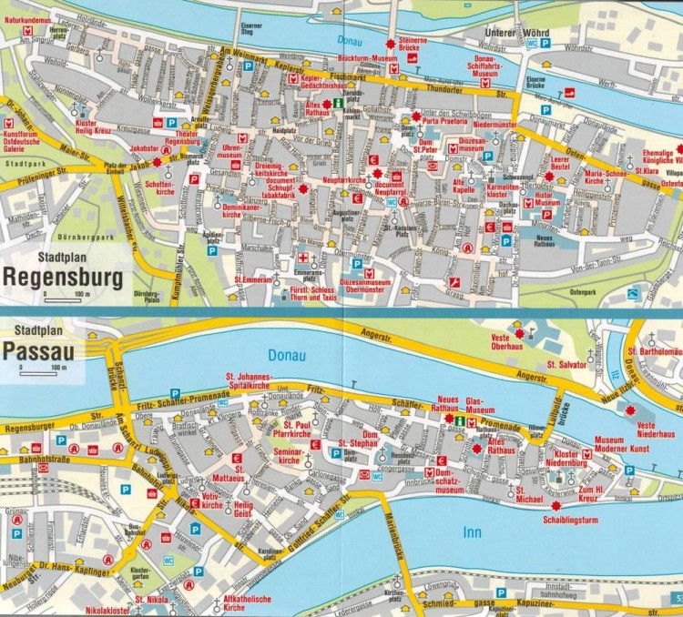 Naddunajska Trasa Rowerowa (Donauradweg 1). Laminowana mapa turystyczna, rowerowa 7009 wydawnictwa Kompass. Plan dwóch miast