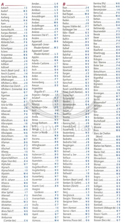 Szwajcaria. Mapa samochodowa 729 wydawnictwa Michelin. Indeks miejscowości