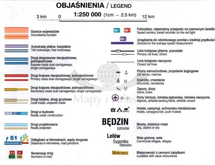 Województwo śląskie 1:250 000. Laminowana mapa samochodowo-turystyczna wydawnictwa Demart. Legenda 1