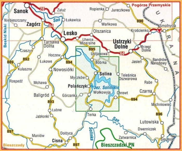 Jezioro Solińskie, Myczkowieckie i okolice. Mapa turystyczna wydawnictwa Compass. Zasięg