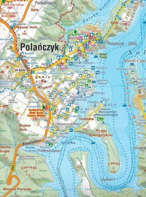 Jezioro Solińskie, Myczkowieckie i okolice. Mapa turystyczna wydawnictwa Compass. Fragment 1