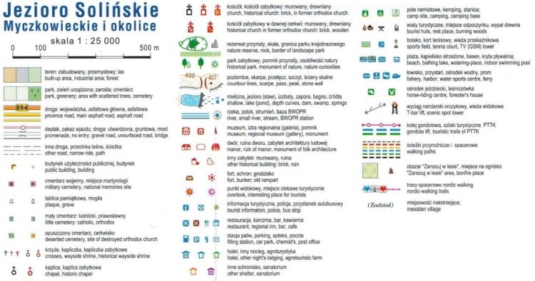 Jezioro Solińskie, Myczkowieckie i okolice. Mapa turystyczna wydawnictwa Compass. Legenda