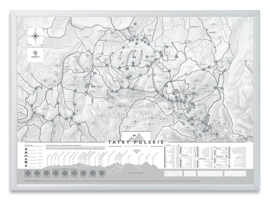 Tatry Polskie. Mapa zdrapka VIP w ramie. Wersja biała