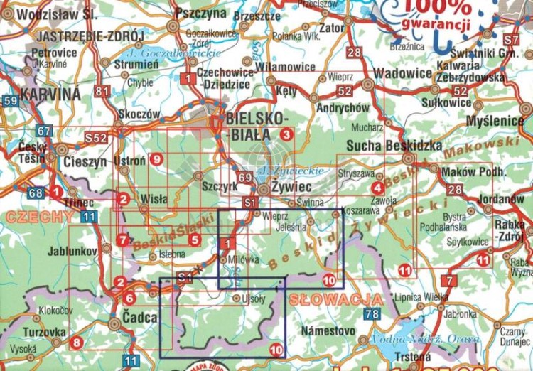 Beskid Żywiecki, część zachodnia. Mapa turystyczna wydawnictwa Galileos. Zasięg