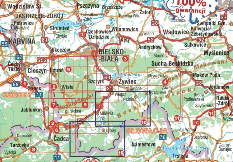 Beskid Żywiecki, część zachodnia. Mapa turystyczna wydawnictwa Galileos. Zasięg