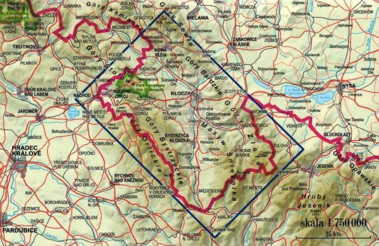 Ziemia Kłodzka 1:65 000. Laminowana mapa panoramiczna wydawnictwa ExpressMap. Zasięg