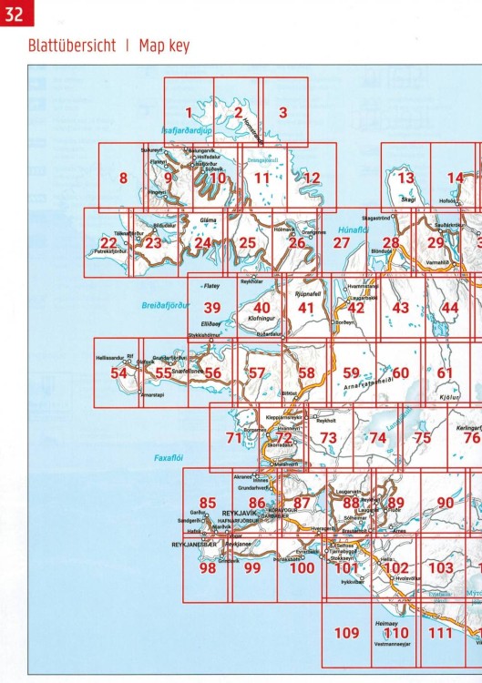 Islandia 1:150 000. Atlas samochodowy wydawnictwa Freytag & Berndt. Islandia - skorowidz arkuszy 1