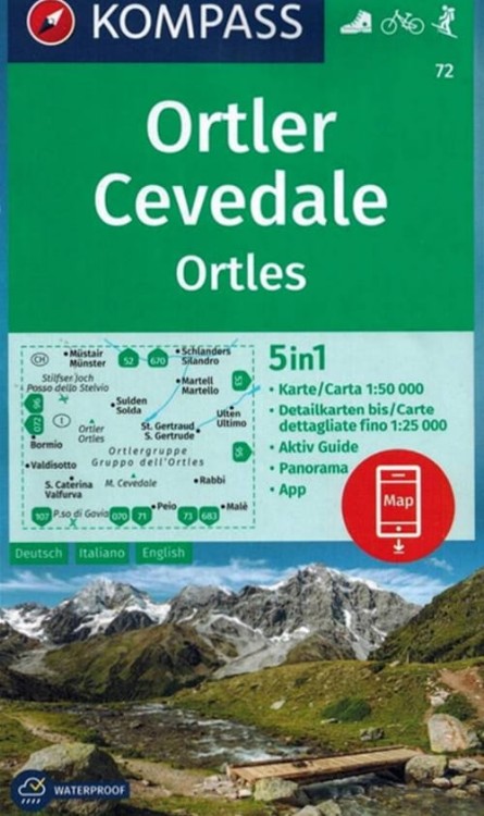 Alpy Retyckie. Ortler / Ortles, Cevedale. Wodoodporna mapa turystyczna 72 wydawnictwa Kompass. Okładka