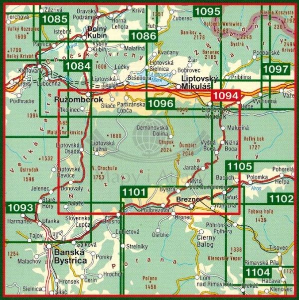 Niżne / Niskie Tatry, Chopok. Mapa turystyczna 1094 wydawnictwa Shocart. Zasięg