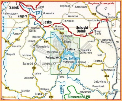 Jezioro Solińskie, Myczkowieckie i okolice. Laminowana mapa turystyczna wydawnictwa Compass. Zasięg