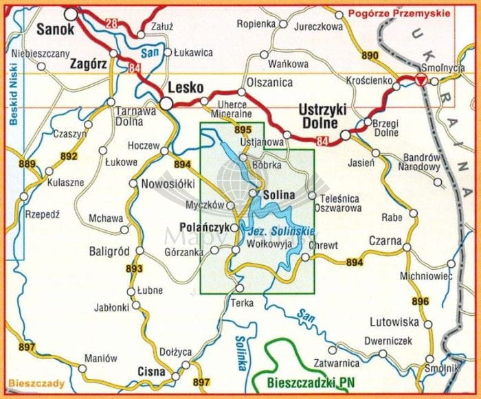 Jezioro Solińskie, Myczkowieckie i okolice. Laminowana mapa turystyczna wydawnictwa Compass. Zasięg