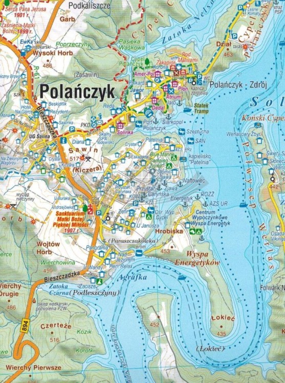 Jezioro Solińskie, Myczkowieckie i okolice. Laminowana mapa turystyczna wydawnictwa Compass. Fragment 1