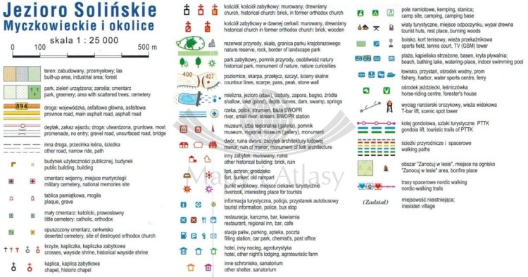 Jezioro Solińskie, Myczkowieckie i okolice. Laminowana mapa turystyczna wydawnictwa Compass. Legenda