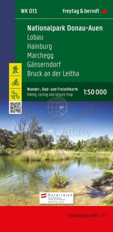Naddunajska Trasa Rowerowa. Park Narodowy Donau-Auen, Lobau, Hainburg, Marchegg, Gänserndorf, Bruck a.d. Leitha. Mapa turystyczna WK 013 wydawnictwa Freytag & Berndt. Okładka