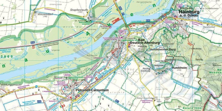 Naddunajska Trasa Rowerowa. Park Narodowy Donau-Auen, Lobau, Hainburg, Marchegg, Gänserndorf, Bruck a.d. Leitha. Mapa turystyczna WK 013 wydawnictwa Freytag & Berndt. Fragment