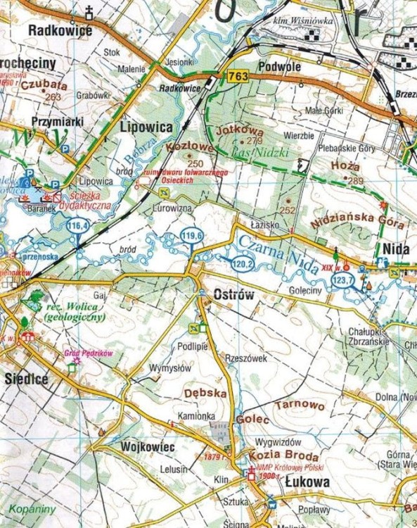 Ponidzie 1:75 000. Szlak kajakowy Nidy. Laminowana mapa turystyczna wydawnictwa Compass. Fragment 2