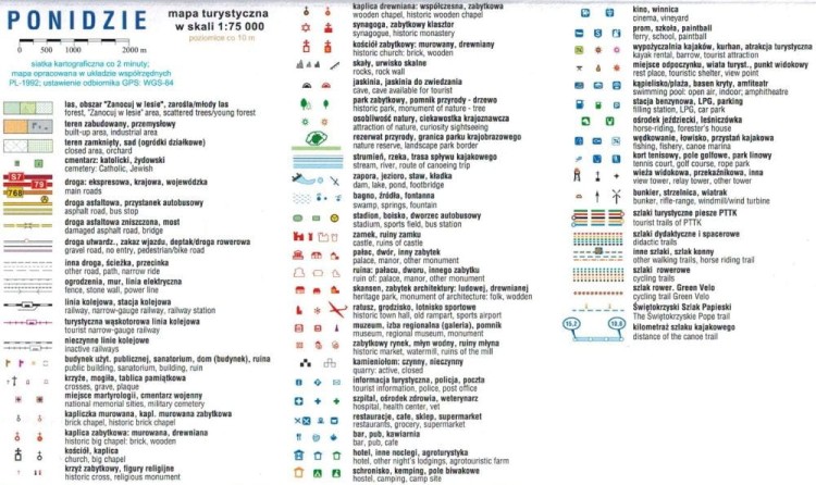 Ponidzie 1:75 000. Szlak kajakowy Nidy. Laminowana mapa turystyczna wydawnictwa Compass. Legenda