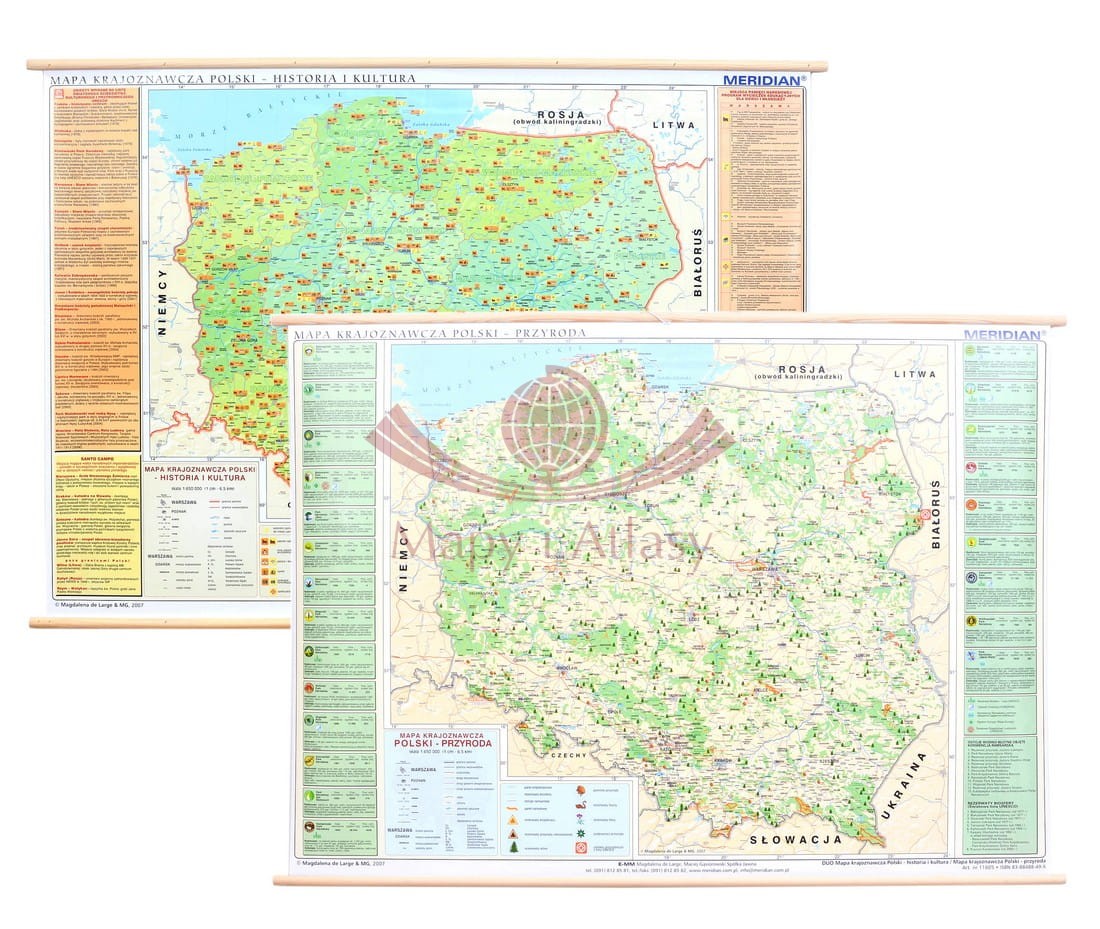 Polska.  Dwustronna mapa ścienna krajoznawcza: historia i kultura / przyroda. Drewniane półwałki