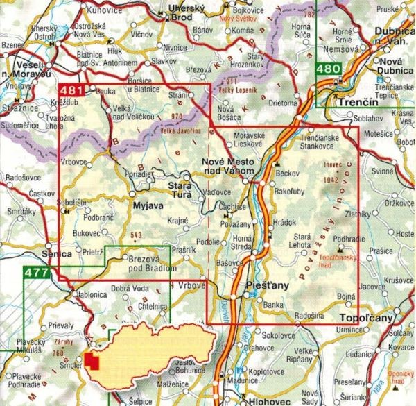 Białe Karpaty, Góry Inowieckie. Mapa turystyczna 481 wydawnictwa Shocart. Zasięg