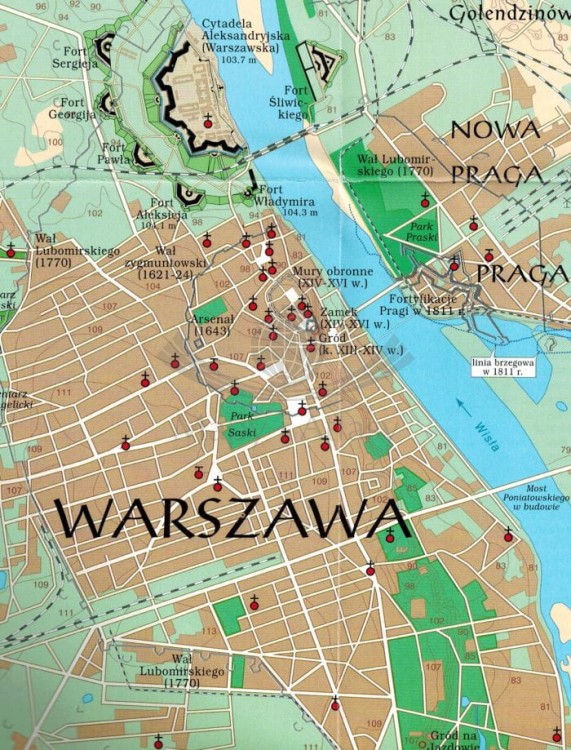 Twierdza Warszawa stan z 1909 r. Mapa wydawnictwa Rewasz. Fragment 1