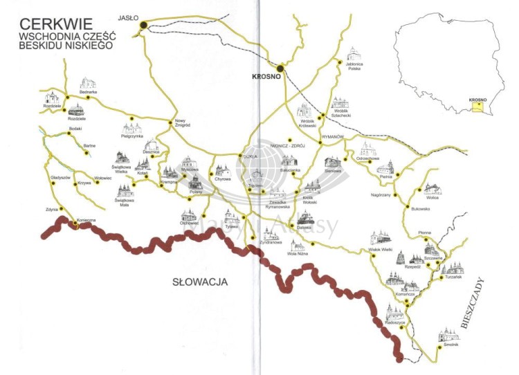 Cerkwie. Wschodnia część Beskidu Niskiego wydawnictwa Koliber. Mapa poglądowa
