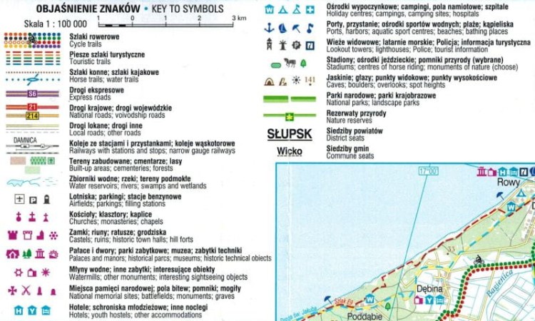 Wybrzeże: Słupsk - Łeba - Wejherowo. Mapa turystyczna tras rowerowych. Nie tylko Green Velo wydawnictwa Euro Pilot. Legenda