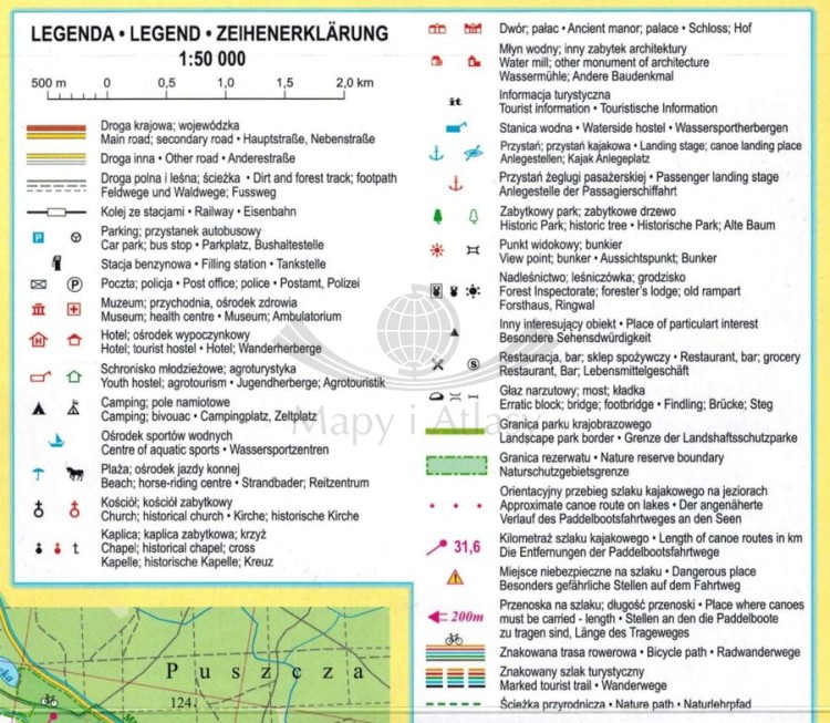 Krutynia, Warpuny, Jabłoń. Szlak kajakowy. Wodoodporna mapa turystyczna wydawnictwa ArtGlob. Legenda