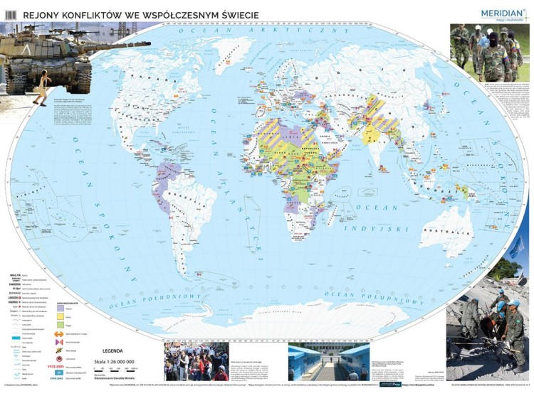 Świat 1:26 000 000. Rejony konfliktów we współczesnym świecie. Mapa ścienna. Drewniane półwałki