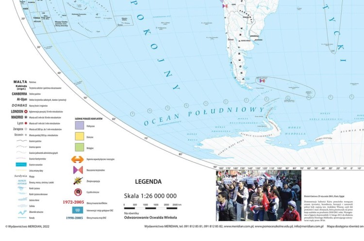 Świat 1:26 000 000. Rejony konfliktów we współczesnym świecie. Mapa ścienna. Drewniane półwałki. Fragment 1