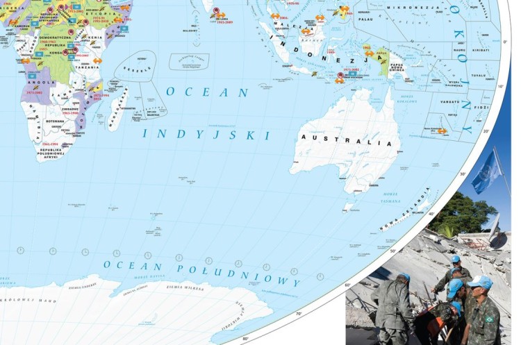 Świat 1:26 000 000. Rejony konfliktów we współczesnym świecie. Mapa ścienna. Drewniane półwałki. Fragment 2