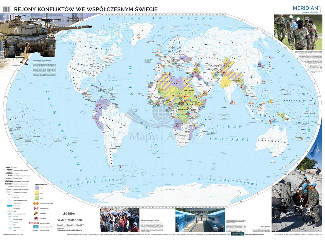 Świat 1:22 000 000. Rejony konfliktów we współczesnym świecie. Mapa ścienna. Drewniane półwałki